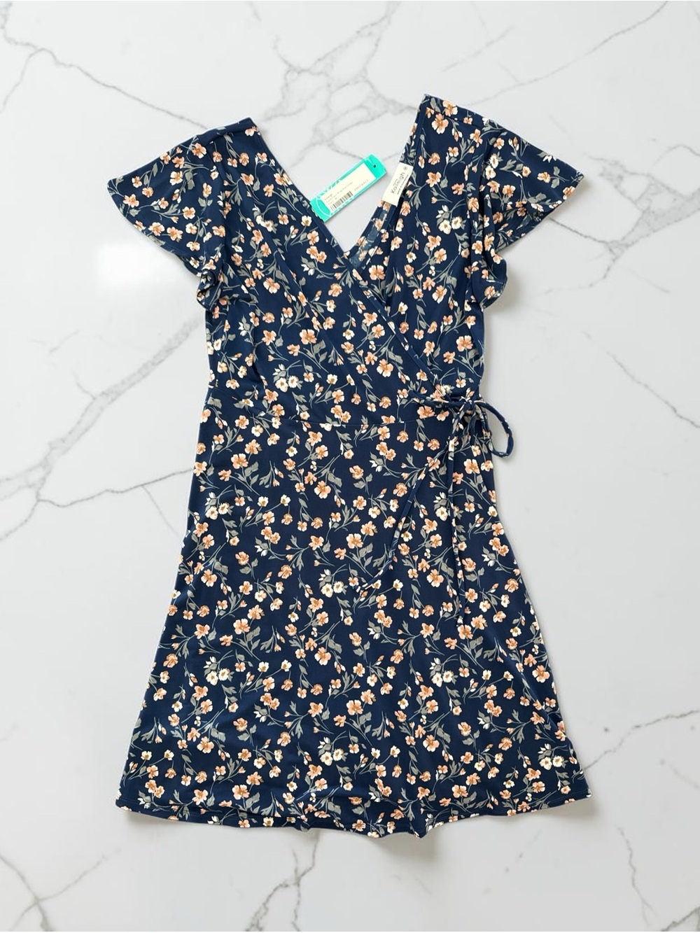 Kaileigh Kaela Faux Wrap Knit Dress - Navy & Peach Floral - Picture 2 of 9